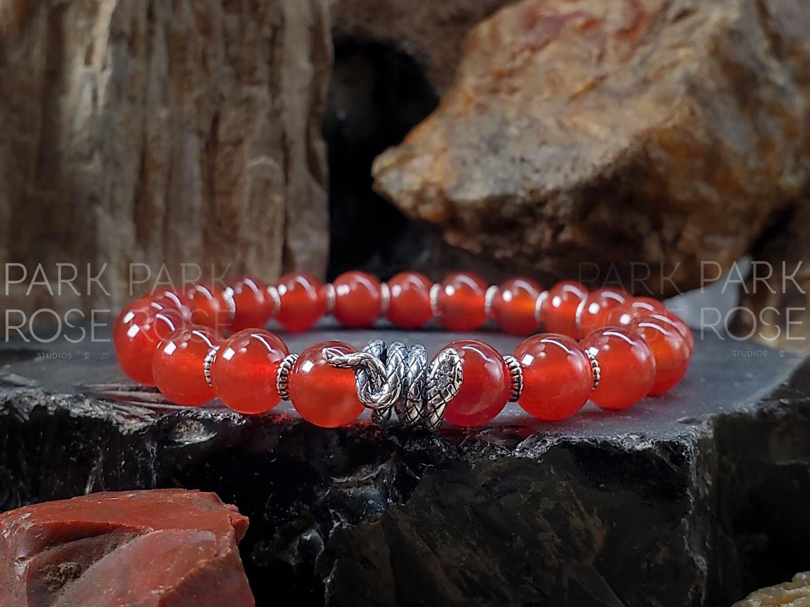 Red Carnelian Sterling Silver Snake Bracelet (8mm)