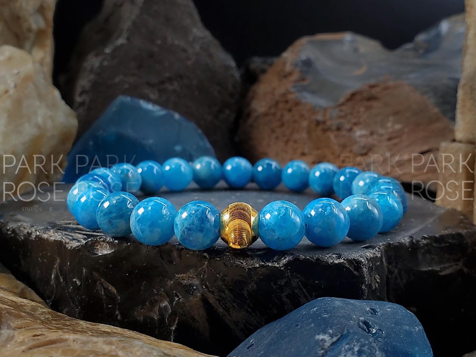 Lake Blue Apatite Bracelet: 24K Gold Cat Eye Bead (6/8/10mm)