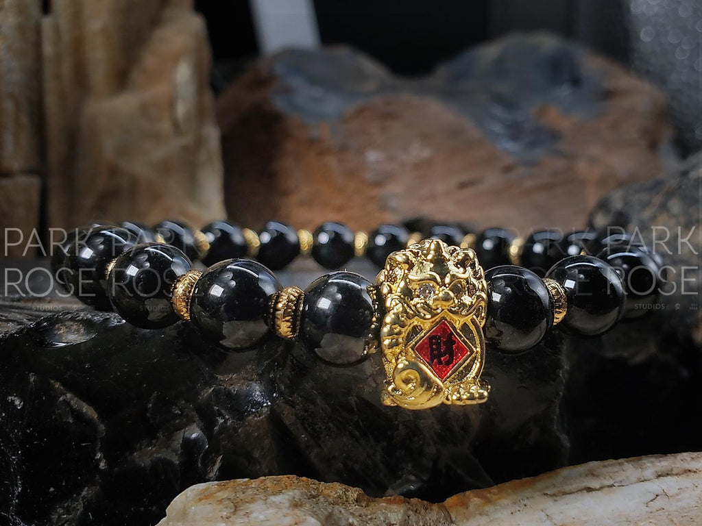 Gold Fortune Cat Bracelet | Black Tourmaline & Sterling Silver (8mm)