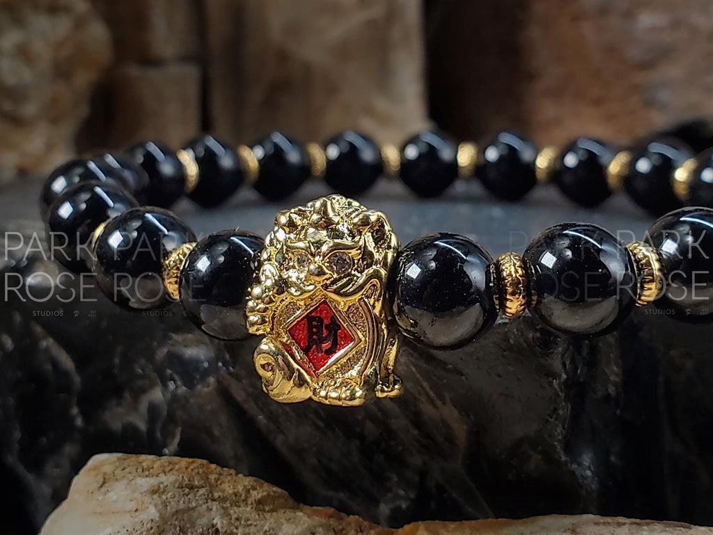 Gold Fortune Cat Bracelet | Black Tourmaline & Sterling Silver (8mm)