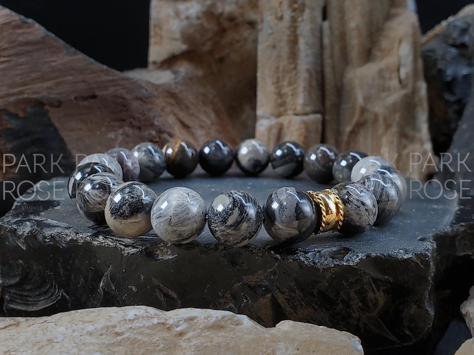 Silver Leaf Jasper Bracelet: Stainless Steel Accent (8/10mm)