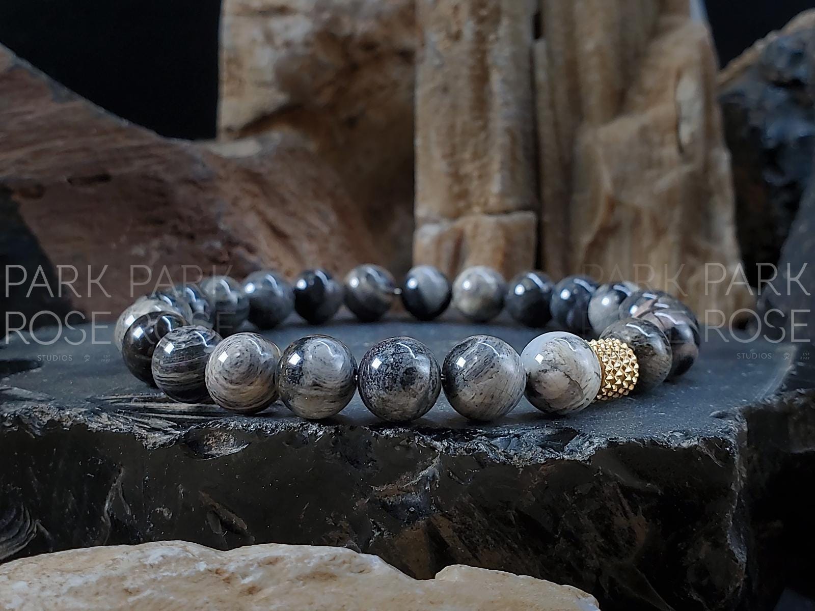 Silver Leaf Jasper Bracelet: Stainless Steel Accent (8/10mm)