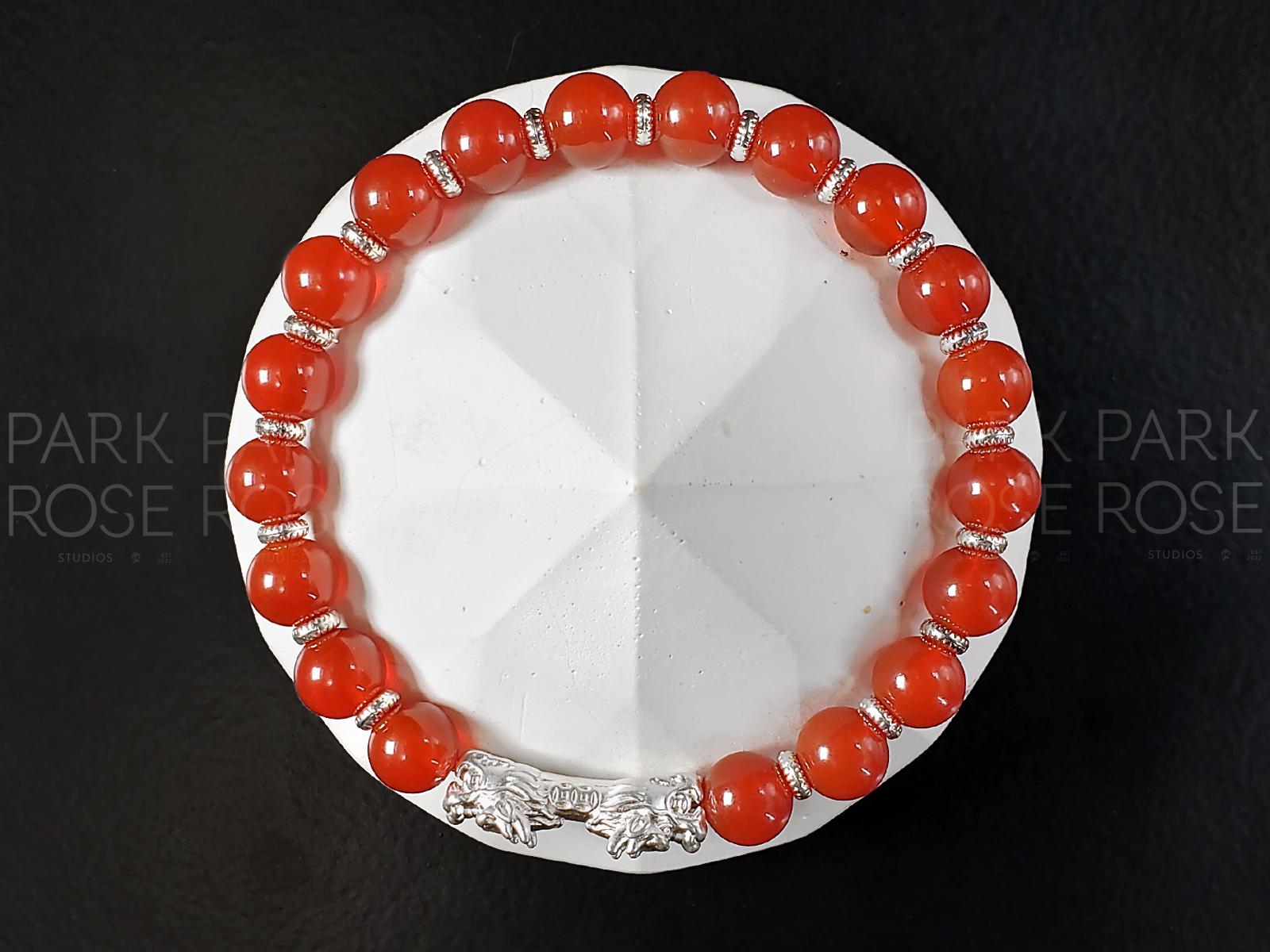 Red Carnelian Sterling Silver Double Dragon Bracelet (8mm)