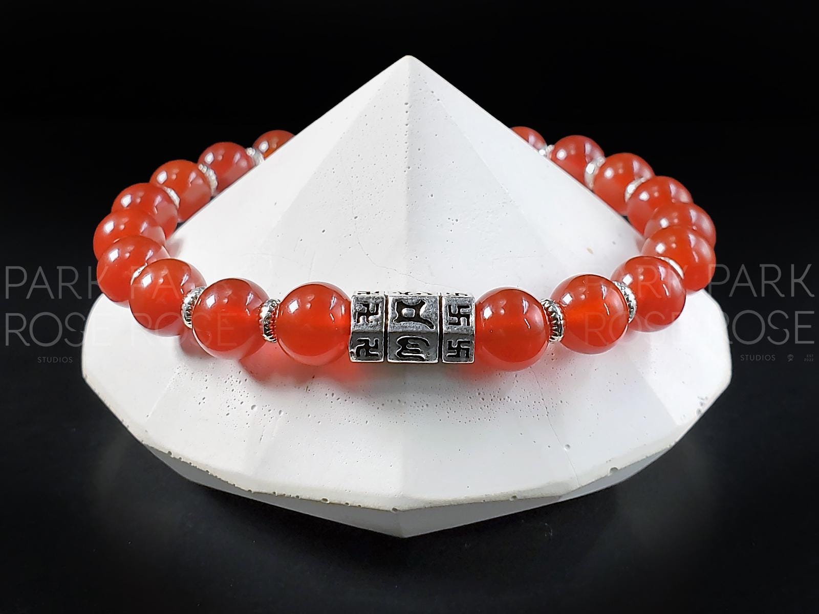 Carnelian Gemstone Bracelet: 925 Sterling Silver Buddhism Prayer Bead (8mm)
