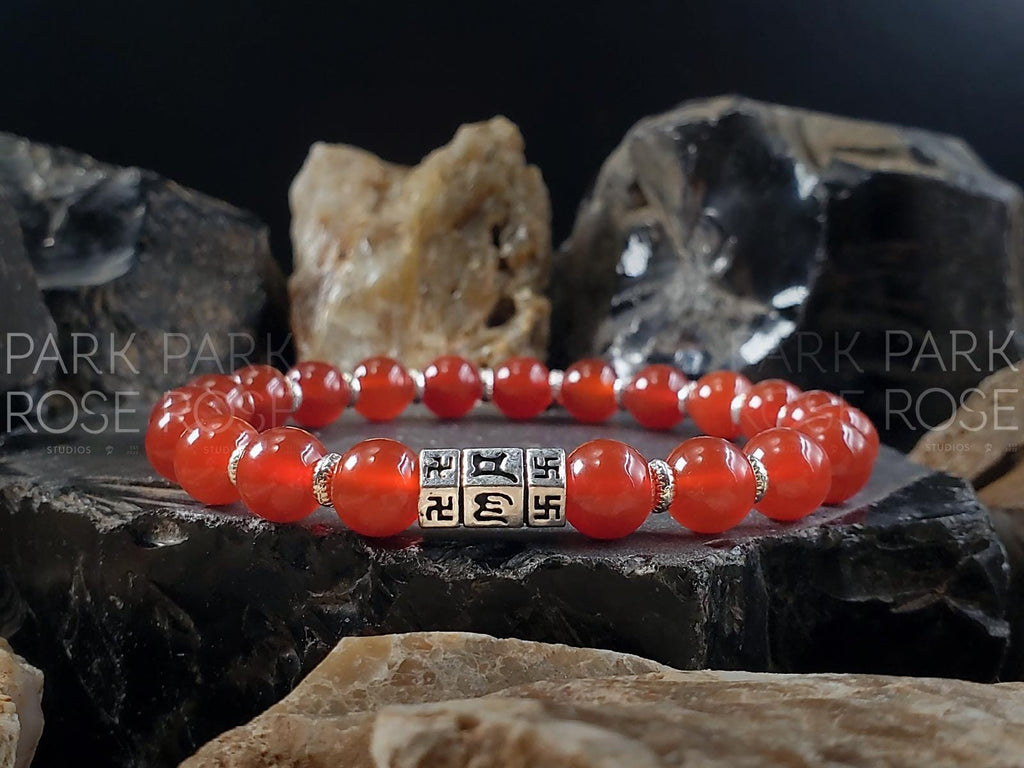 Carnelian Gemstone Bracelet: 925 Sterling Silver Buddhism Prayer Bead (8mm)