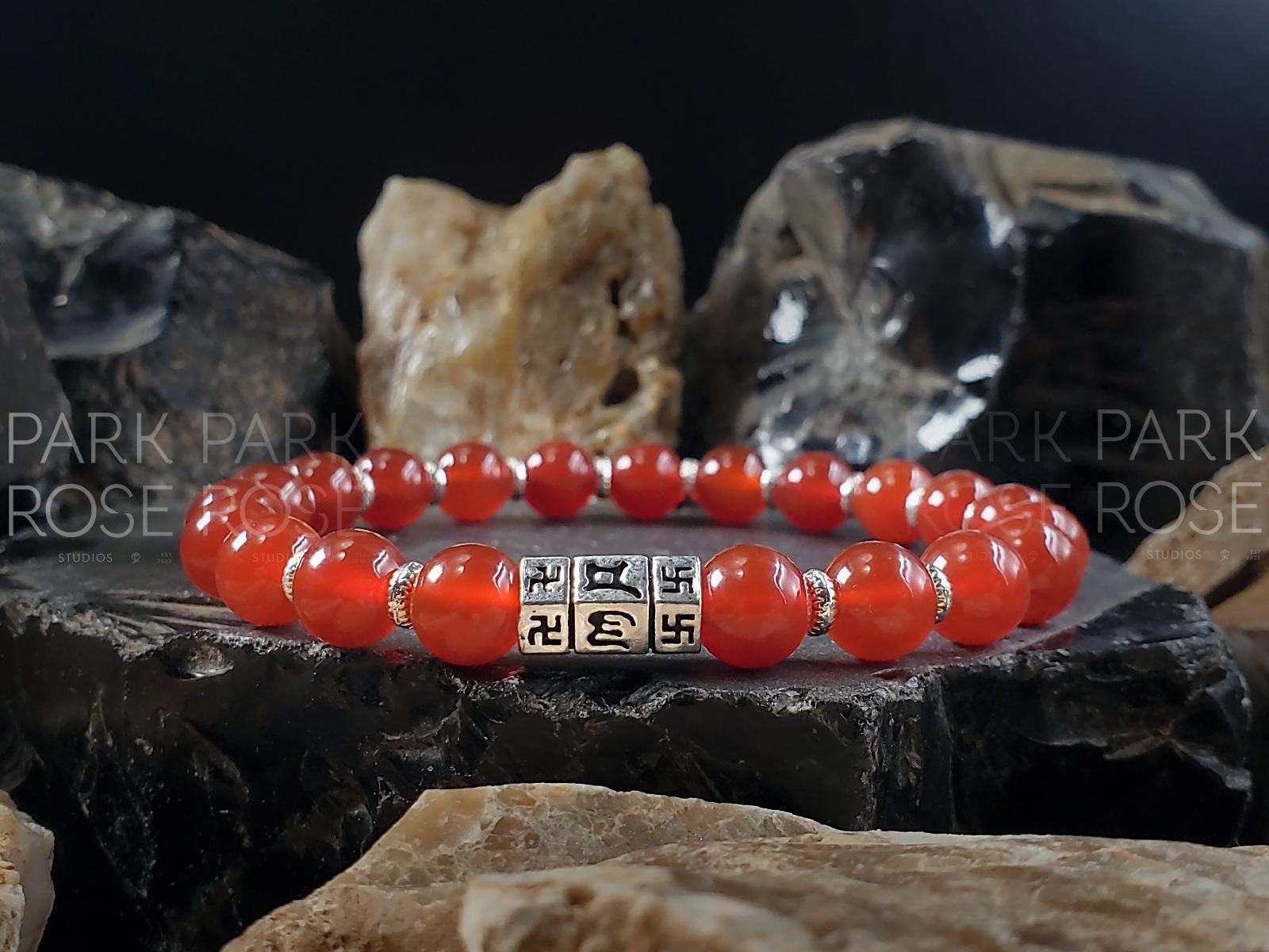 Carnelian Gemstone Bracelet: 925 Sterling Silver Buddhism Prayer Bead (8mm)