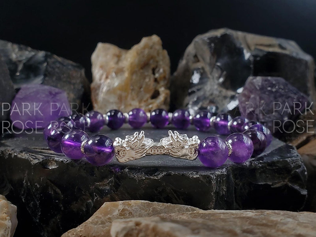 Amethyst Gemstone Bracelet: 925 Sterling Silver Double Heads Dragon (8mm)