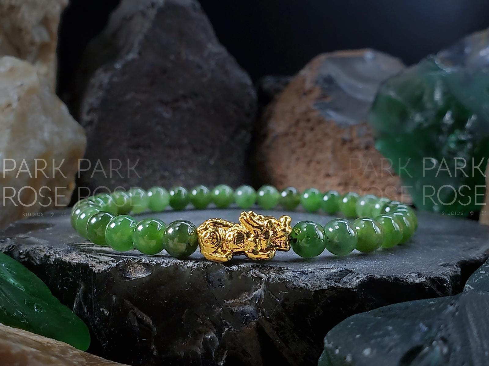 Nephrite Green Jade Bracelet: 24K Gold Plated Pixiu