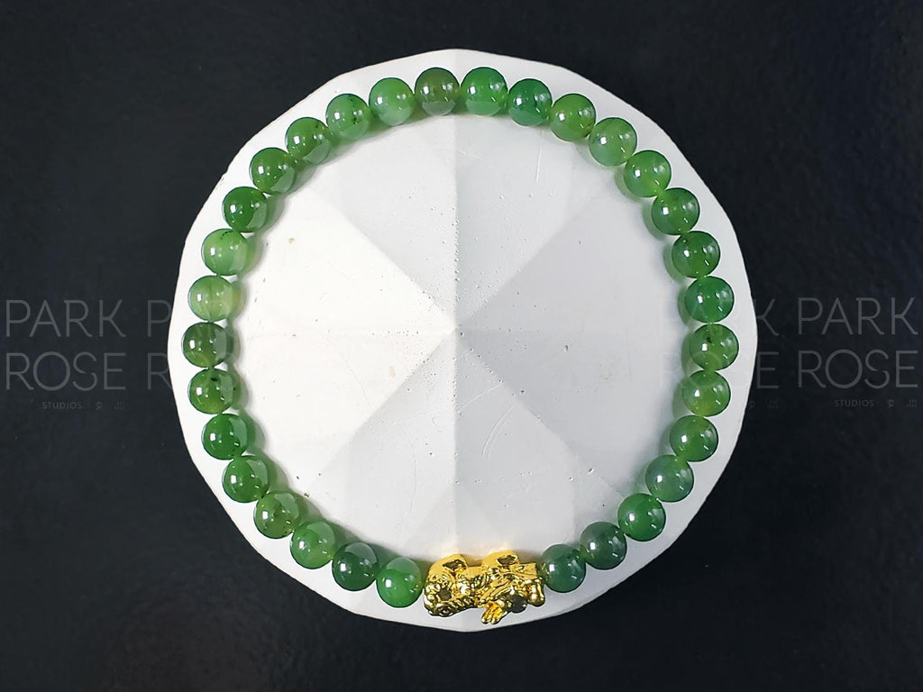 Nephrite Green Jade Bracelet: 24K Gold Plated Pixiu
