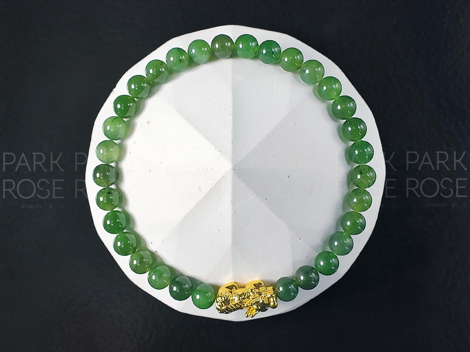 Nephrite Green Jade Bracelet: 24K Gold Plated Pixiu