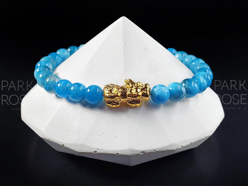 Lake Blue Apatite Bracelet: 24K Gold Plated Pixiu Charm (6/8mm)