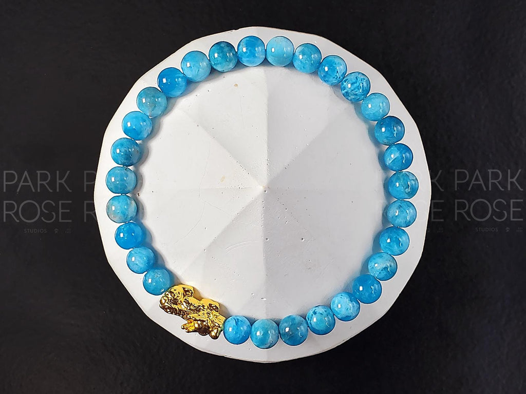Lake Blue Apatite Bracelet: 24K Gold Plated Pixiu Charm (6/8mm)