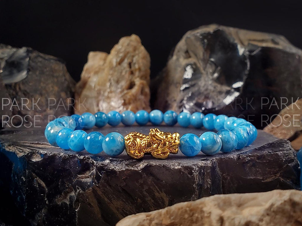 Lake Blue Apatite Bracelet: 24K Gold Plated Pixiu Charm (6/8mm)