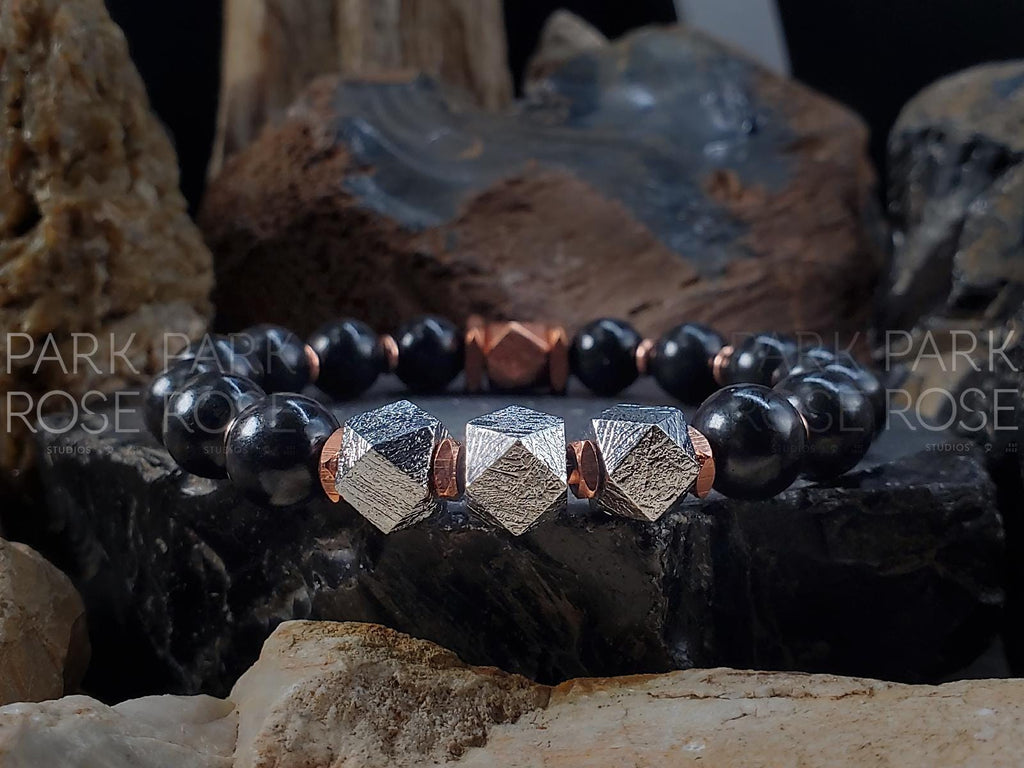 Faceted Gibeon Meteorite Shungite & Copper Bracelet (10mm)