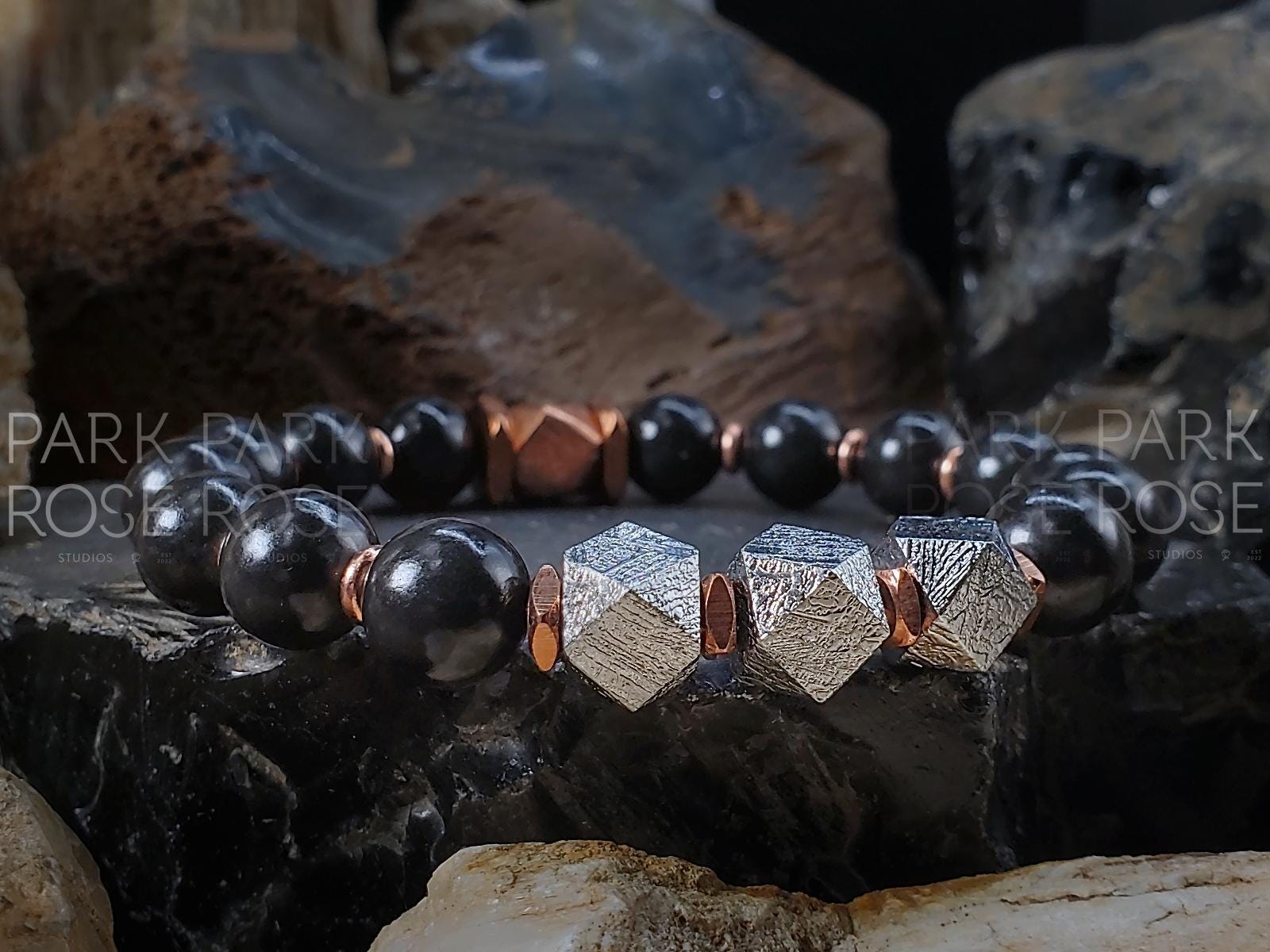 Faceted Gibeon Meteorite Shungite & Copper Bracelet (10mm)