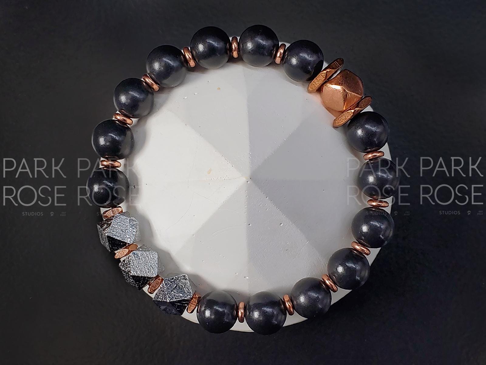 Faceted Gibeon Meteorite Shungite & Copper Bracelet (10mm)