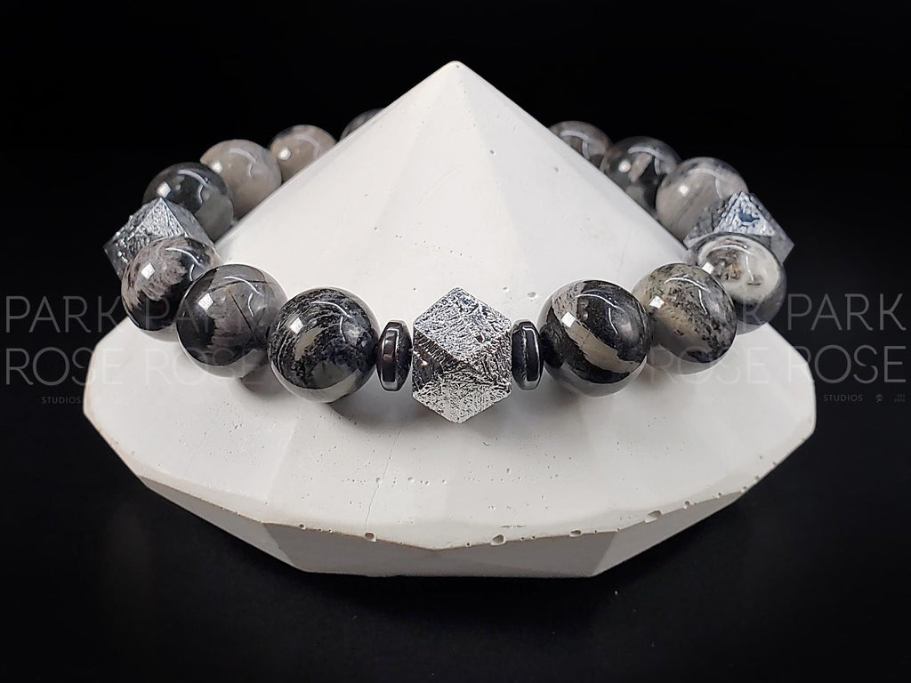 Gibeon Meteorite Bracelet: Black Silver Leaf Jasper Jewelry (10mm)