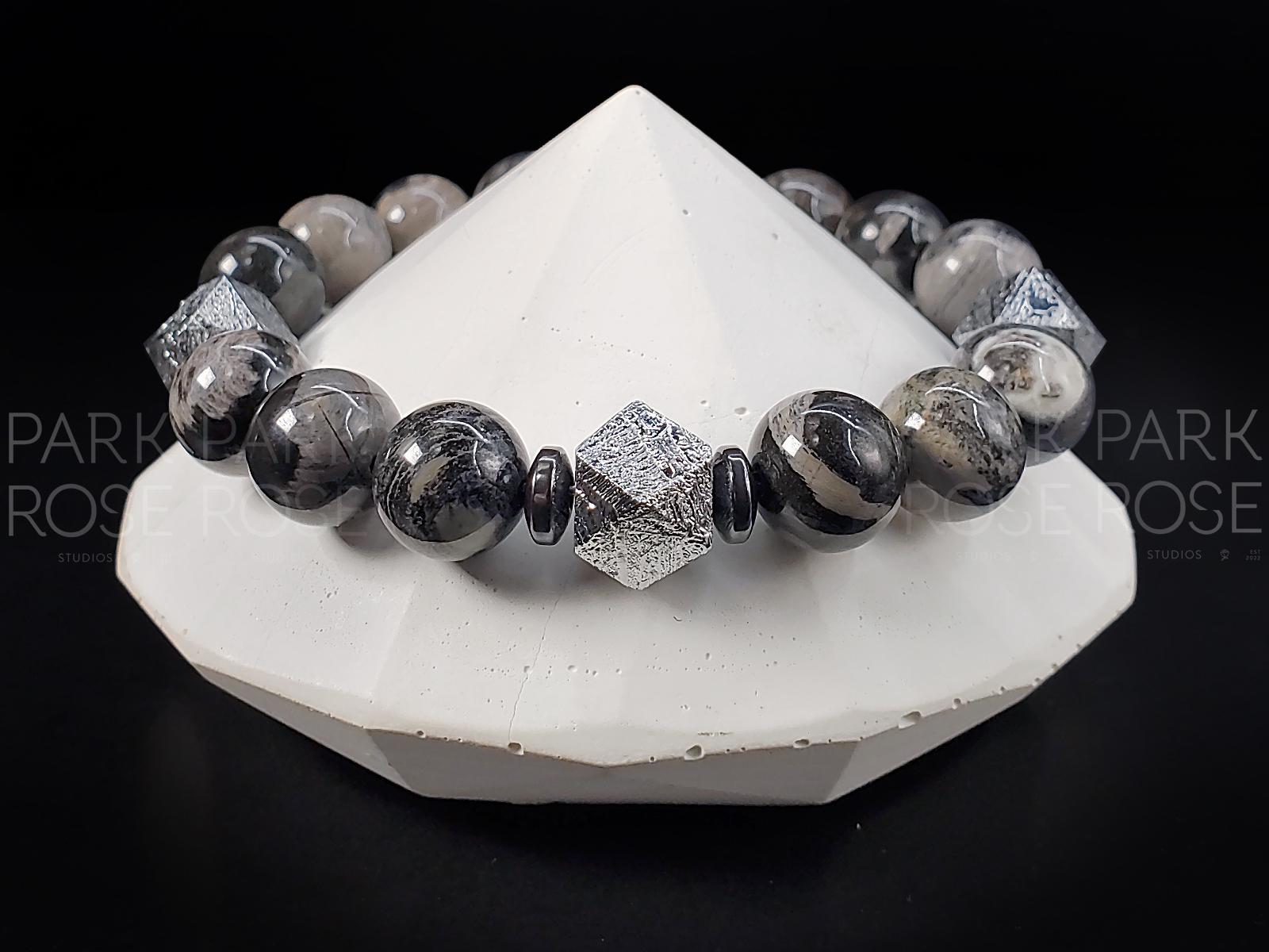 Gibeon Meteorite Bracelet: Black Silver Leaf Jasper Jewelry (10mm)