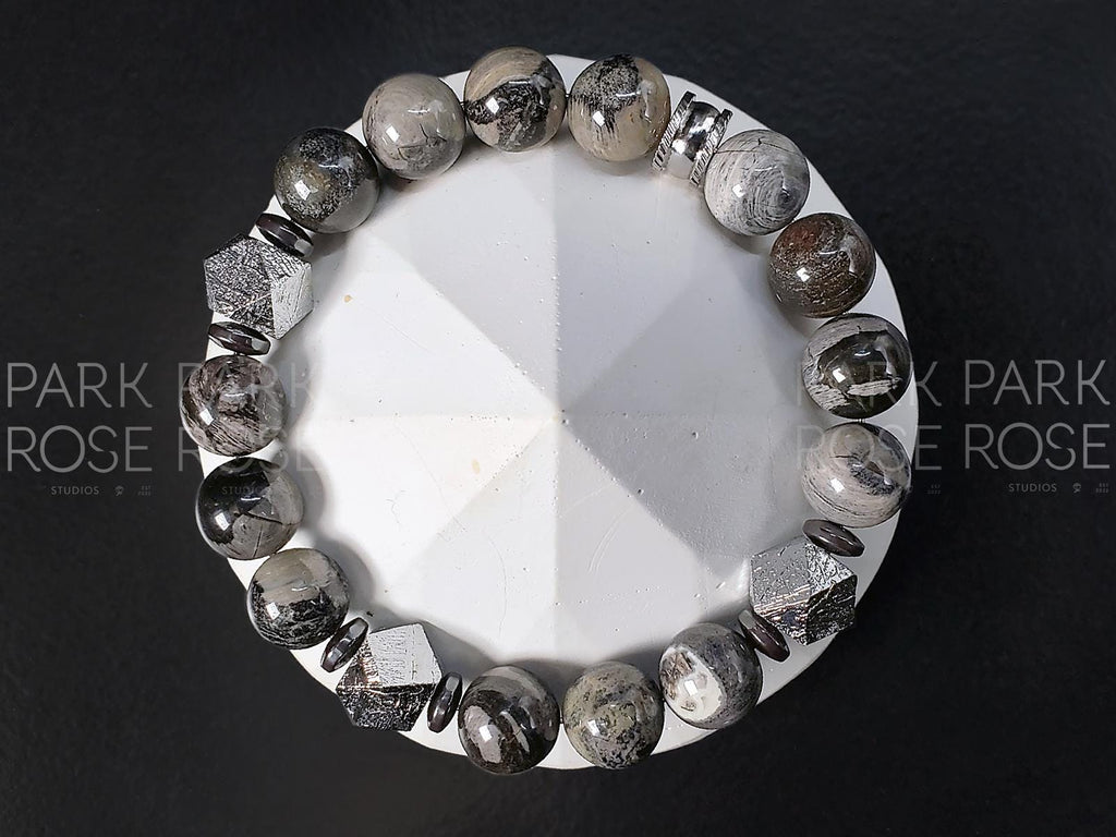 Gibeon Meteorite Bracelet: Black Silver Leaf Jasper Jewelry (10mm)