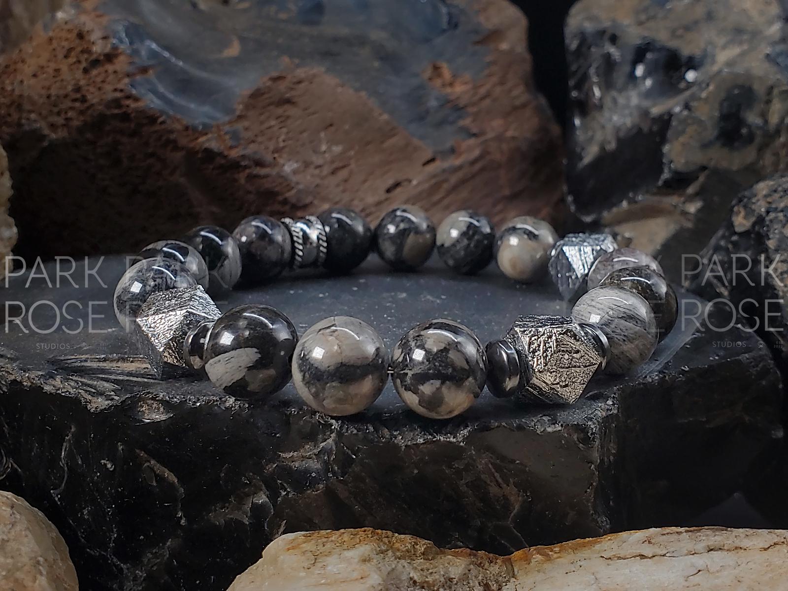 Gibeon Meteorite Bracelet: Black Silver Leaf Jasper Jewelry (10mm)