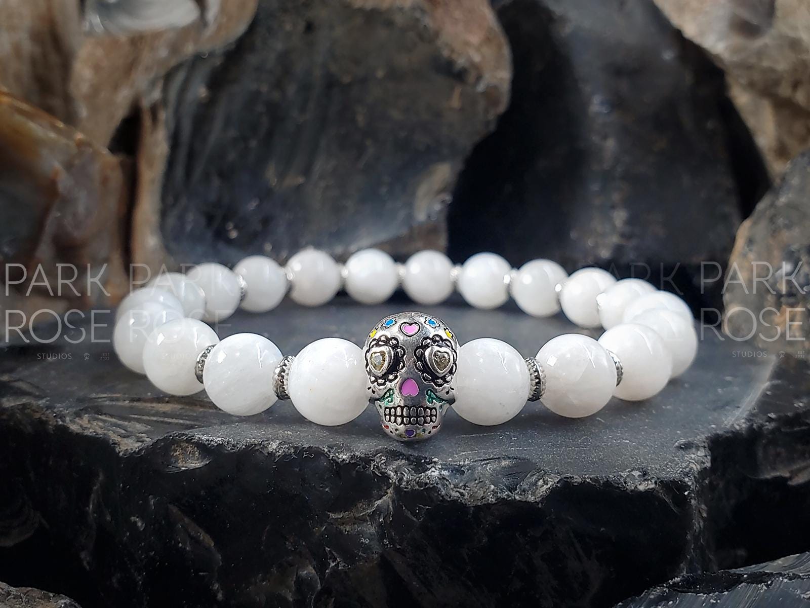 Black Tourmaline Sterling Silver Sugar Skull Bracelet