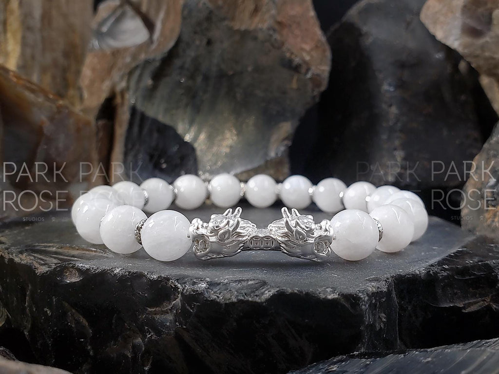 Milky Moonstone Bracelet: Sterling Silver Double Dragon