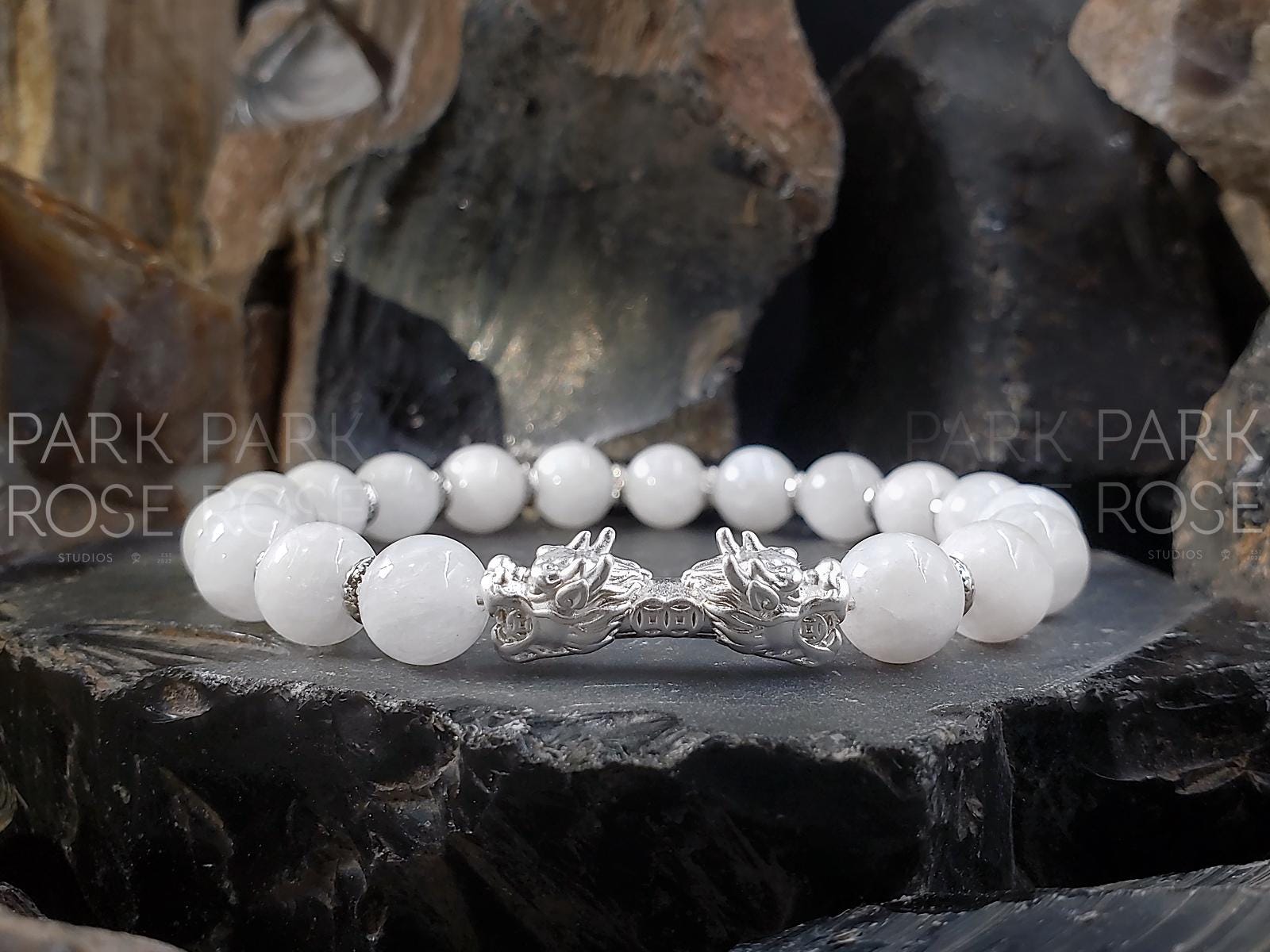 Milky Moonstone Bracelet: Sterling Silver Double Dragon