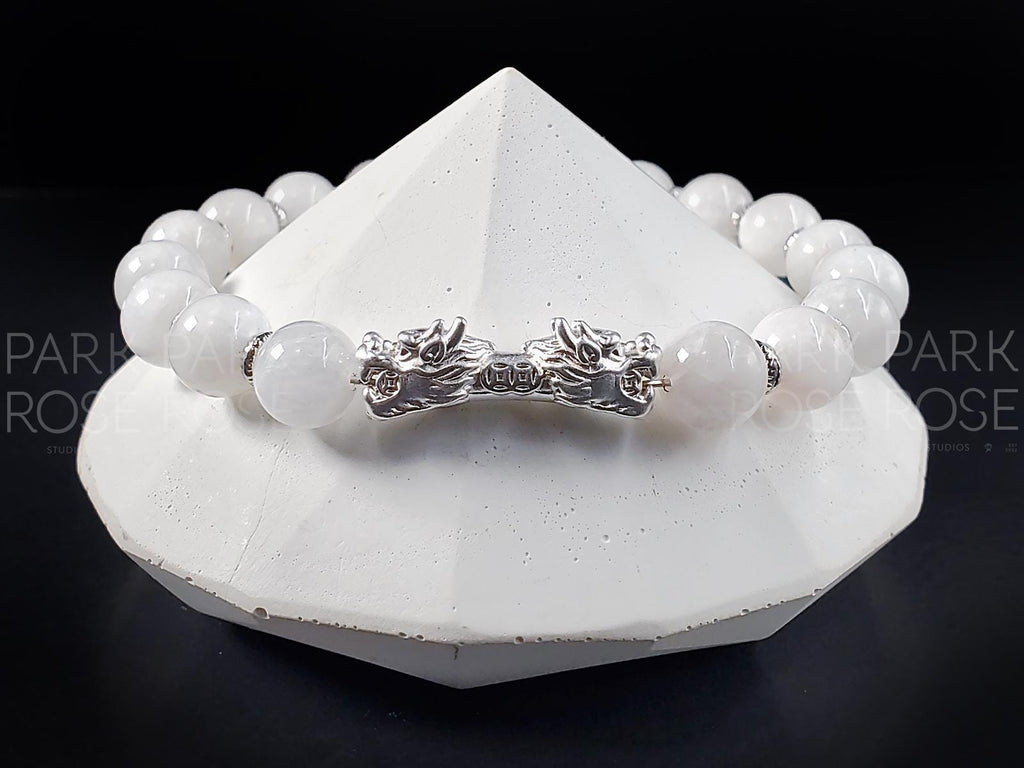 Milky Moonstone Bracelet: Sterling Silver Double Dragon