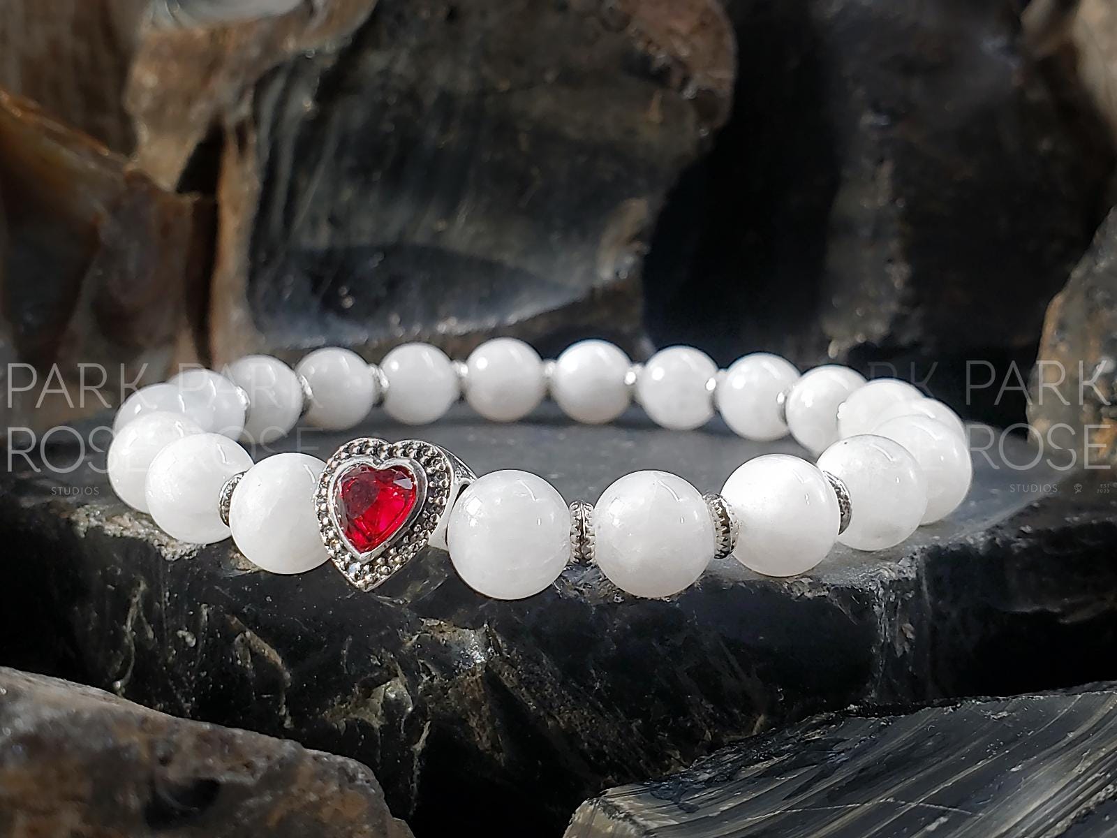 Moonstone Beaded Bracelet | Sterling Silver Red Zirconia Heart Charm