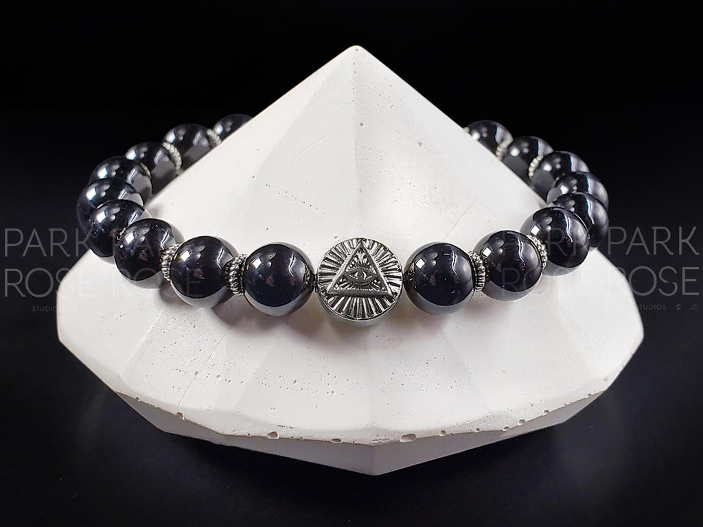 Black Tourmaline Gemstone Bracelet: Stainless Steel Evil Eye Charm (8mm)