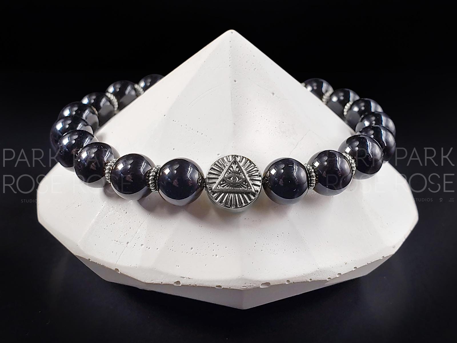 Black Tourmaline Gemstone Bracelet: Stainless Steel Evil Eye Charm (8mm)