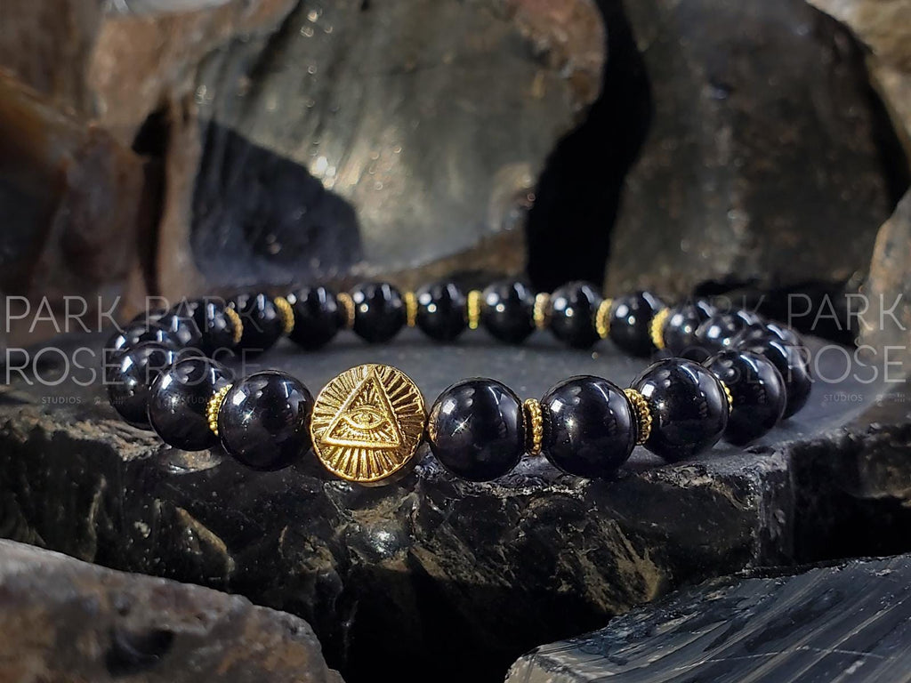 Black Tourmaline Gemstone Bracelet: Stainless Steel Evil Eye Charm (8mm)