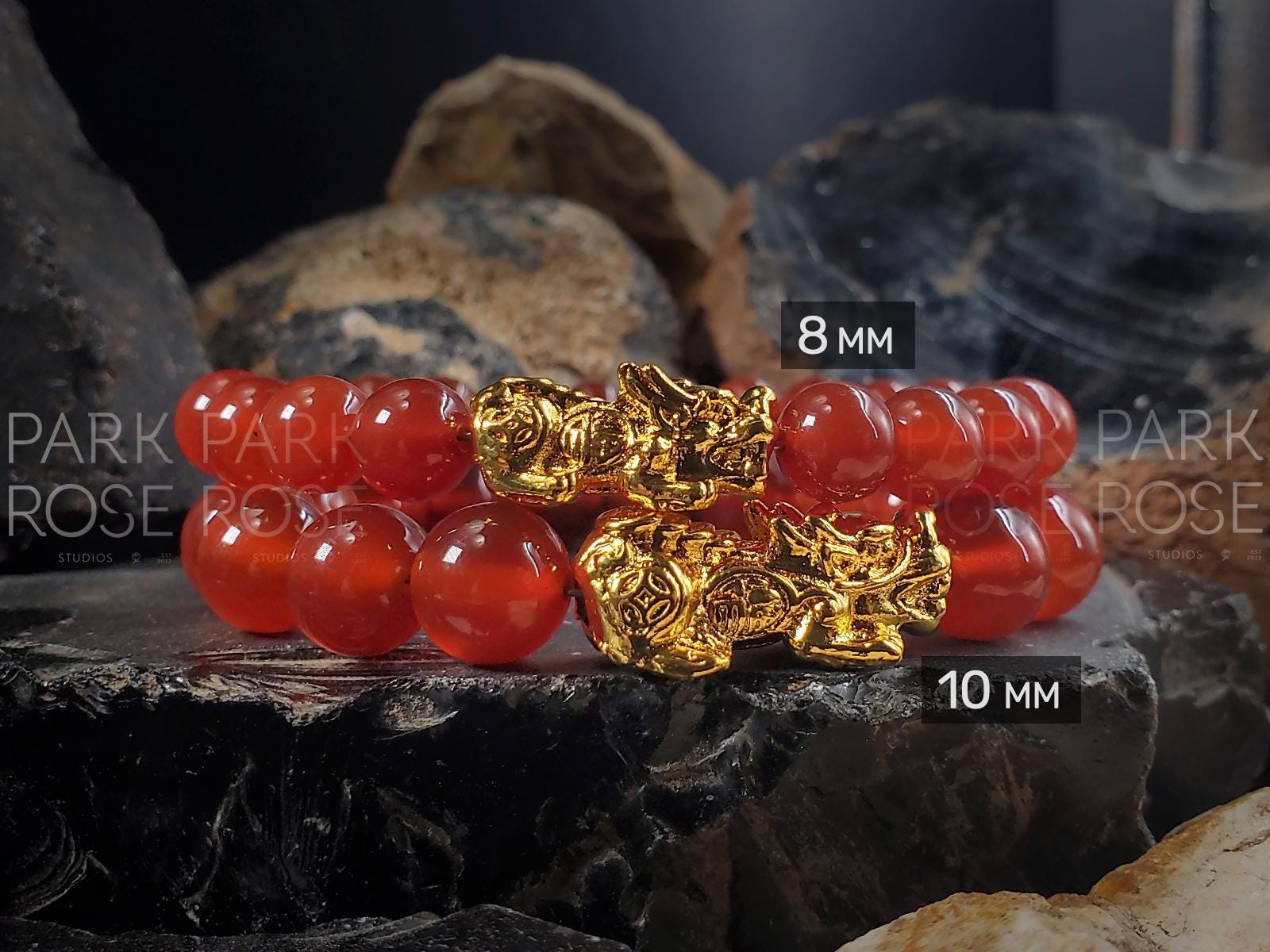 Red Carnelian Bracelet: 24K Gold Plated Pixiu (6/8/10mm)