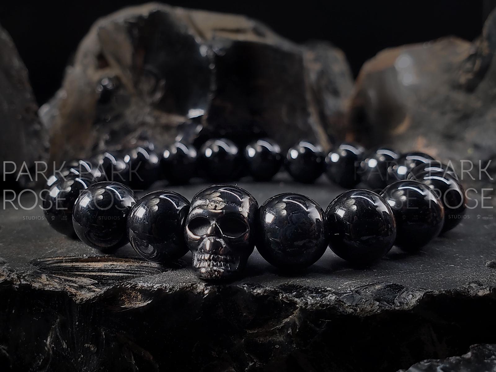 Black Tourmaline Stainless Steel Skull Bracelet