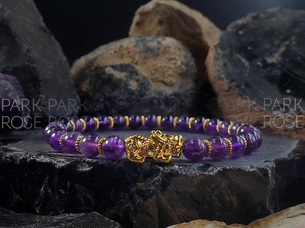 Amethyst Bracelet: 24K Gold Plated Pixiu