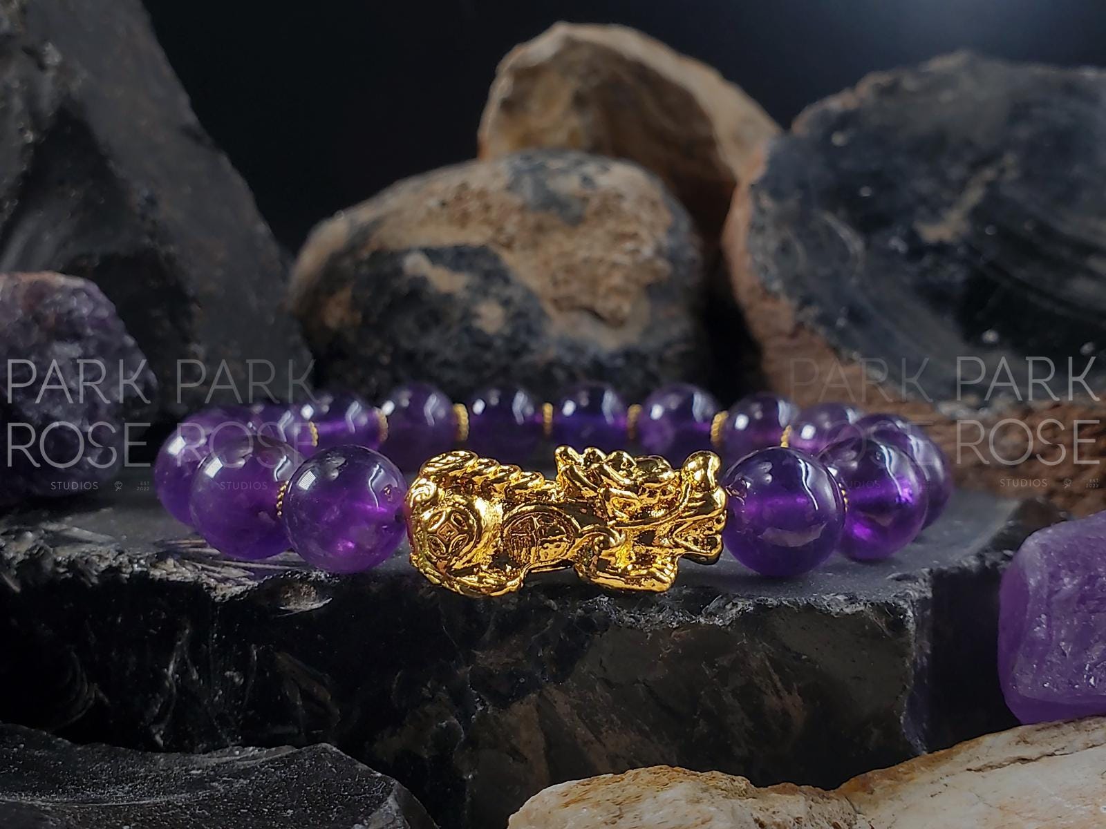 Amethyst Bracelet: 24K Gold Plated Pixiu