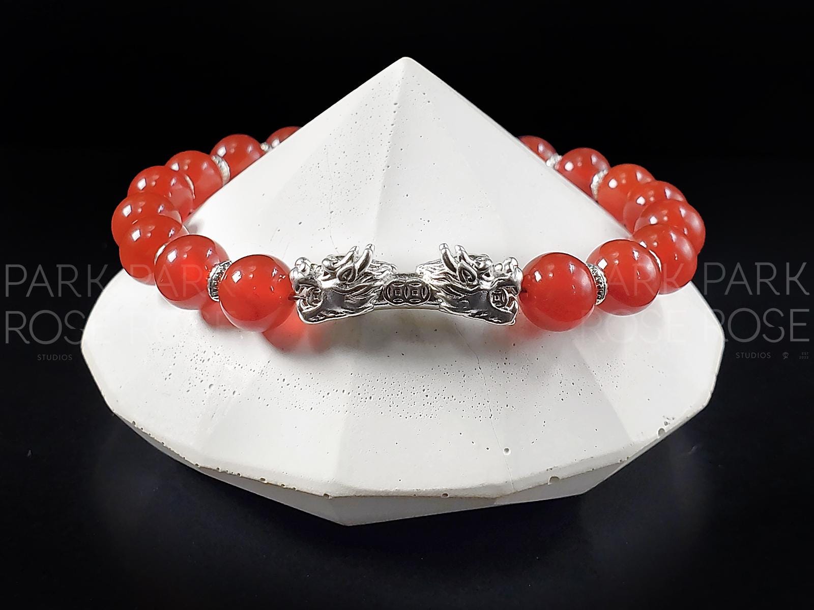 Red Carnelian Sterling Silver Double Dragon Bracelet (8mm)