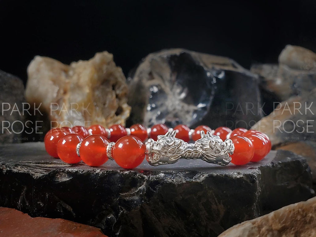 Red Carnelian Sterling Silver Double Dragon Bracelet (8mm)