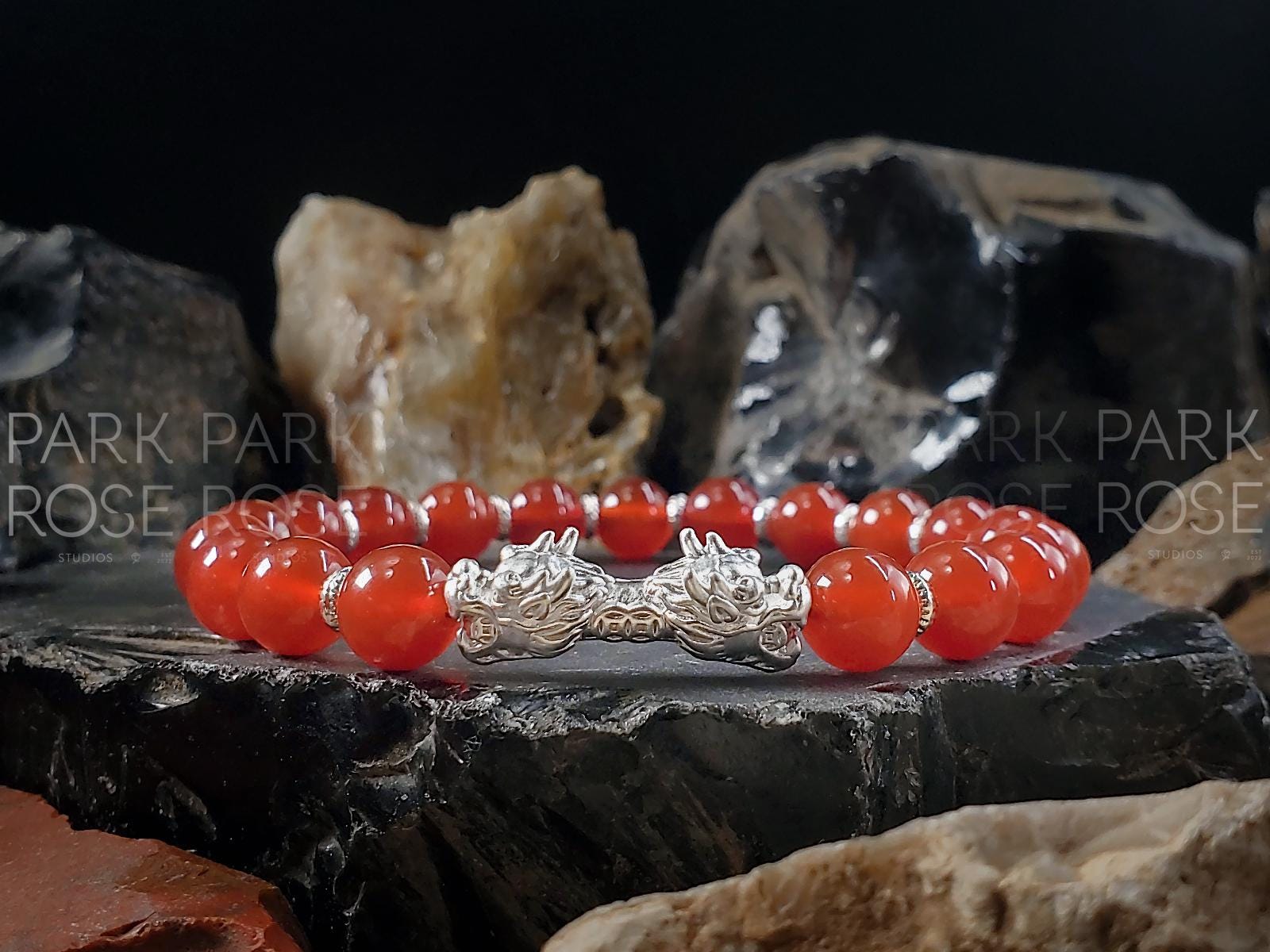 Red Carnelian Sterling Silver Double Dragon Bracelet (8mm)