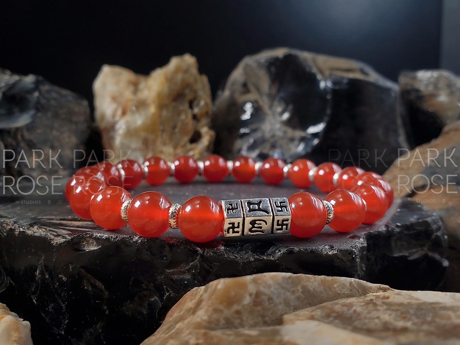 Carnelian Gemstone Bracelet: 925 Sterling Silver Buddhism Prayer Bead (8mm)