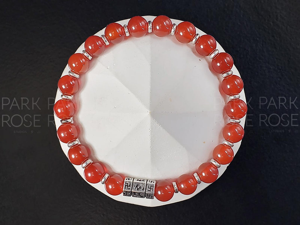 Carnelian Gemstone Bracelet: 925 Sterling Silver Buddhism Prayer Bead (8mm)