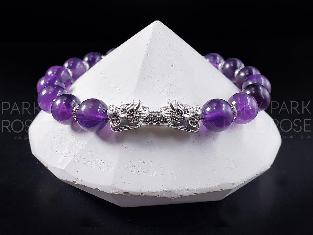 Amethyst Gemstone Bracelet: 925 Sterling Silver Double Heads Dragon (8mm)