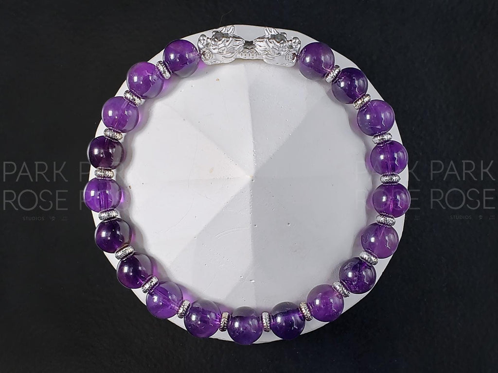 Amethyst Gemstone Bracelet: 925 Sterling Silver Double Heads Dragon (8mm)
