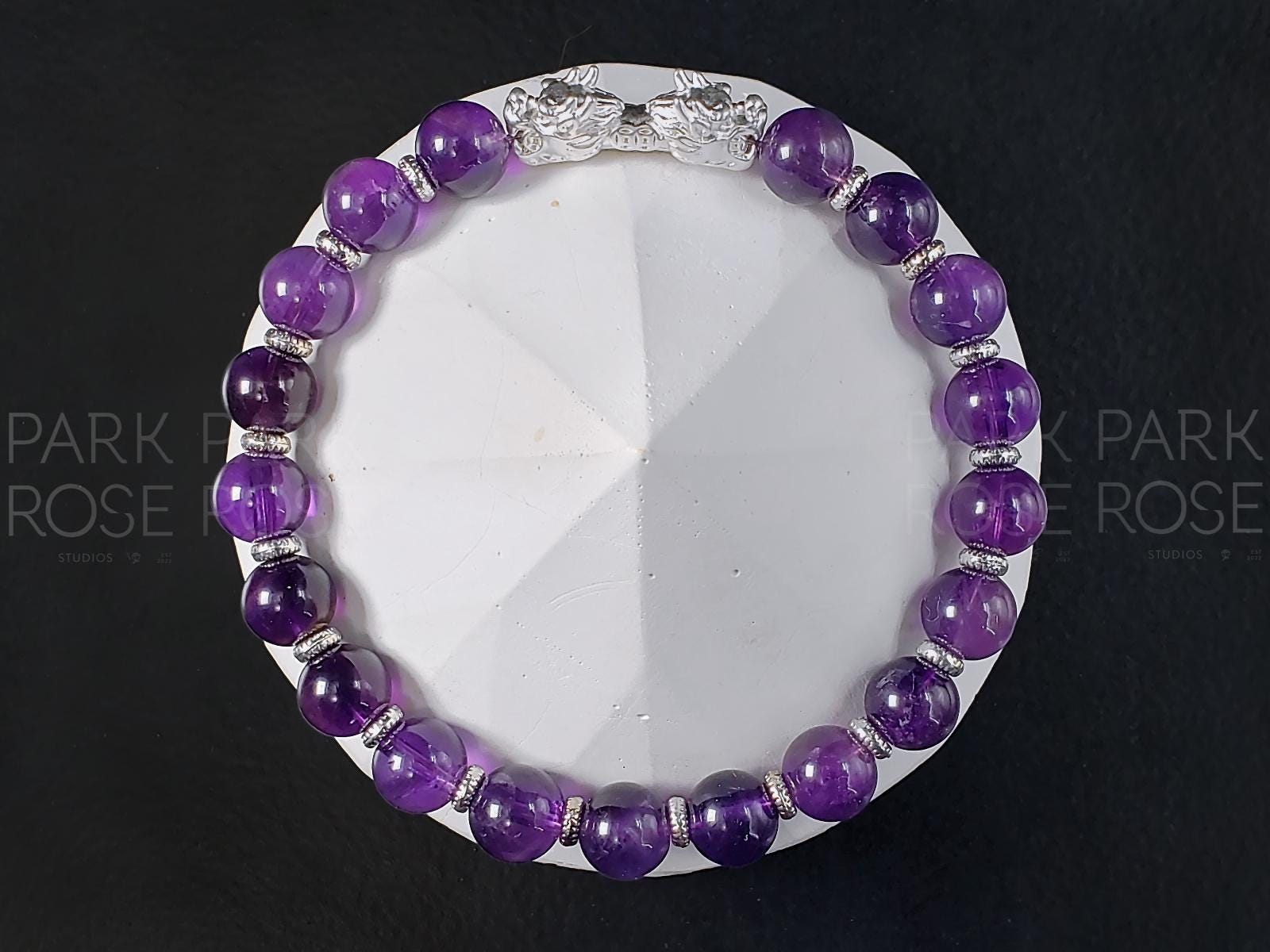 Amethyst Gemstone Bracelet: 925 Sterling Silver Double Heads Dragon (8mm)