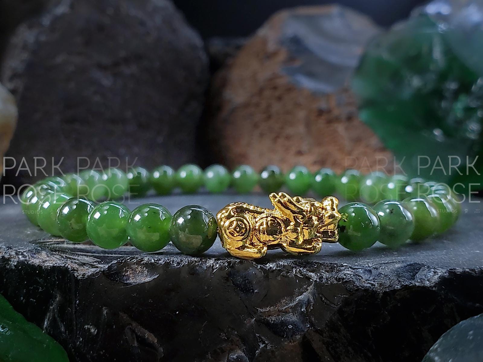 Nephrite Green Jade Bracelet: 24K Gold Plated Pixiu