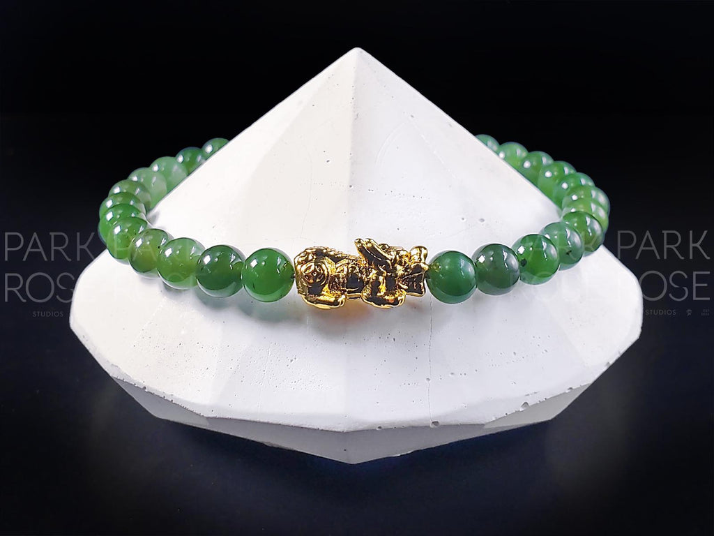 Nephrite Green Jade Bracelet: 24K Gold Plated Pixiu