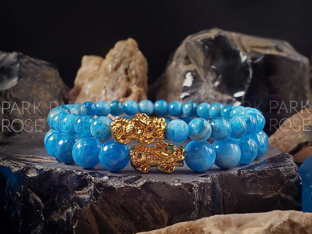 Lake Blue Apatite Bracelet: 24K Gold Plated Pixiu Charm (6/8mm)