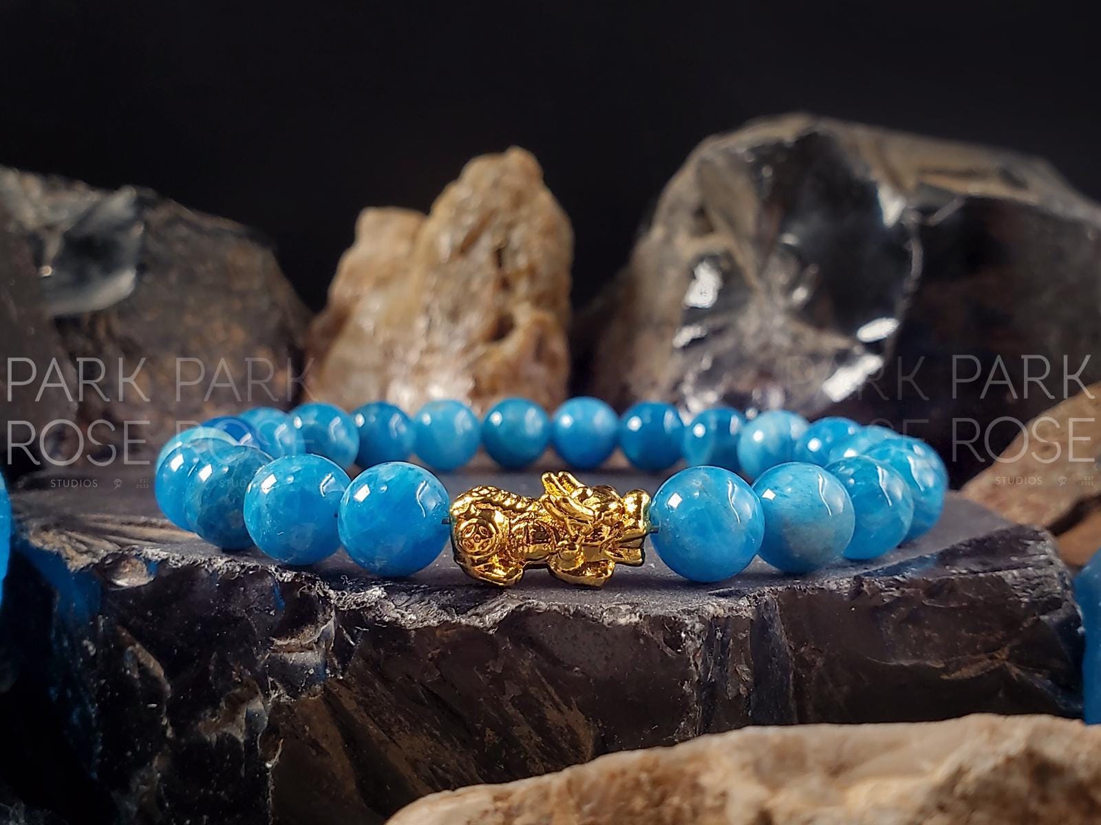 Lake Blue Apatite Bracelet: 24K Gold Plated Pixiu Charm (6/8mm)