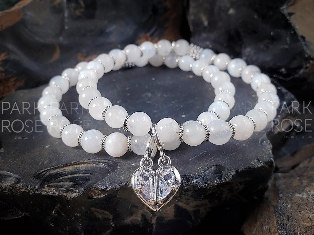 Moonstone Mother Daughter Bracelet Set: Sterling Silver Half Heart Charm