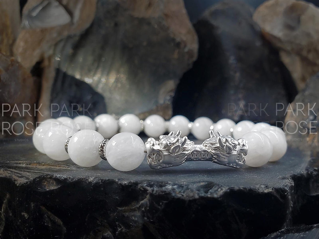 Milky Moonstone Bracelet: Sterling Silver Double Dragon